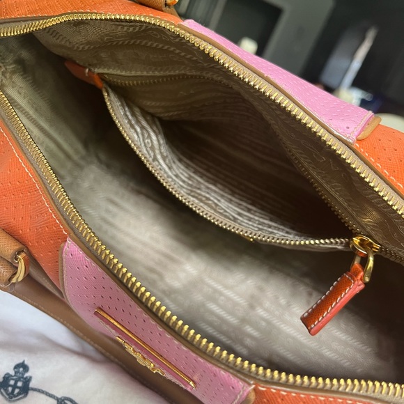 PRADA Boston Papaya Caramel Pink Saffiano Fori Perforated Satchel - Picture 7 of 13